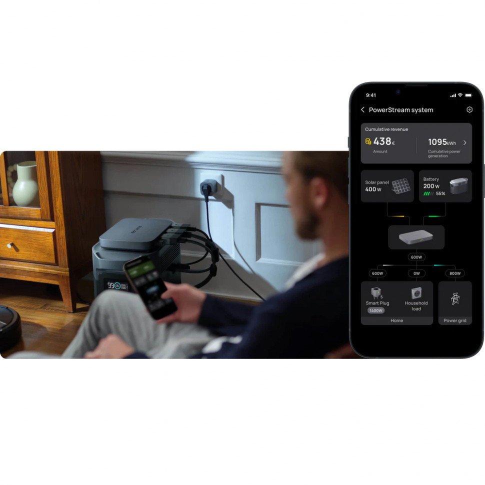 Комплект EcoFlow PowerStream – микроинвертор 600W + Delta Max 2000 + 2 x 400W солнечные панели (DELTA2000-EU/EFPowerStreamMI-EU-600W/ZPTSP300-2-AKIT-4/EFL-BKWDELTAEBCable-0.4m/EFL-SuperFlatMC4Cable/EFA-SmartPlug-EU)