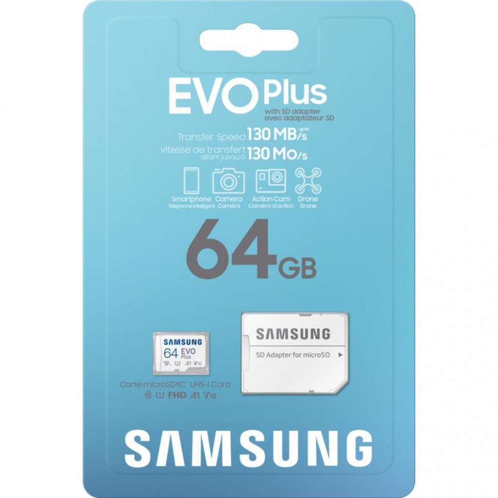 Карта пам'яті Samsung 64GB microSDXC Class 10 UHS-I U1 V10 A1 EVO Plus + SD Adapter (MB-MC64KA/RU)