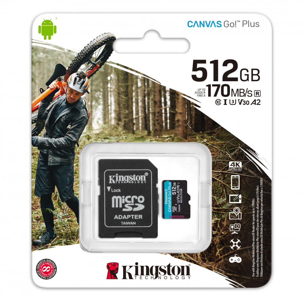 Карта памяти Kingston 512GB microSDXC C10 UHS-I U3 A2 R170/W90MB/s + SD адаптер (SDCG3/512GB)
