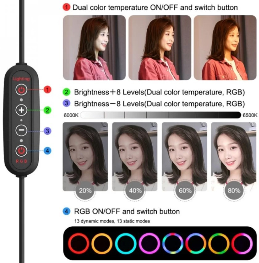 Кольцевой свет со стойкой Puluz PKT3081B RGBWW 26 см. 20W (58465)