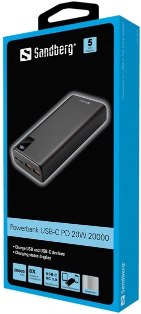 Універсальна мобільна батарея Sandberg USB Type-C PD 20W 20000 mAh Black (PB930203)