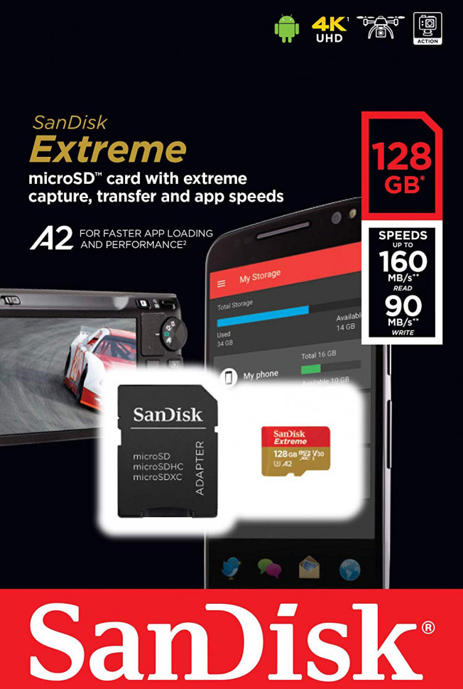 SanDisk microSDXC Extreme V30 128GB C10 UHS-I U3 + SD адаптер (SDSQXA1-128G-GN6AA)