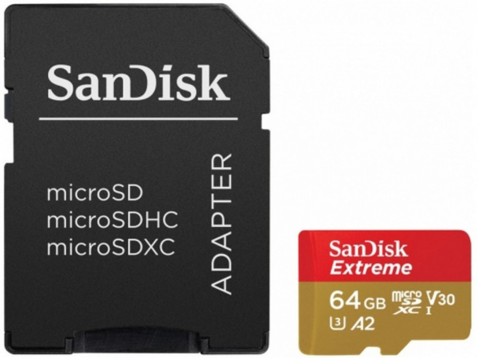 Карта памяти SanDisk microSDXC 64GB Extreme A2 Class 10 V30 UHS-I U3 + SD адаптер(SDSQXAH-064G-GN6MA)