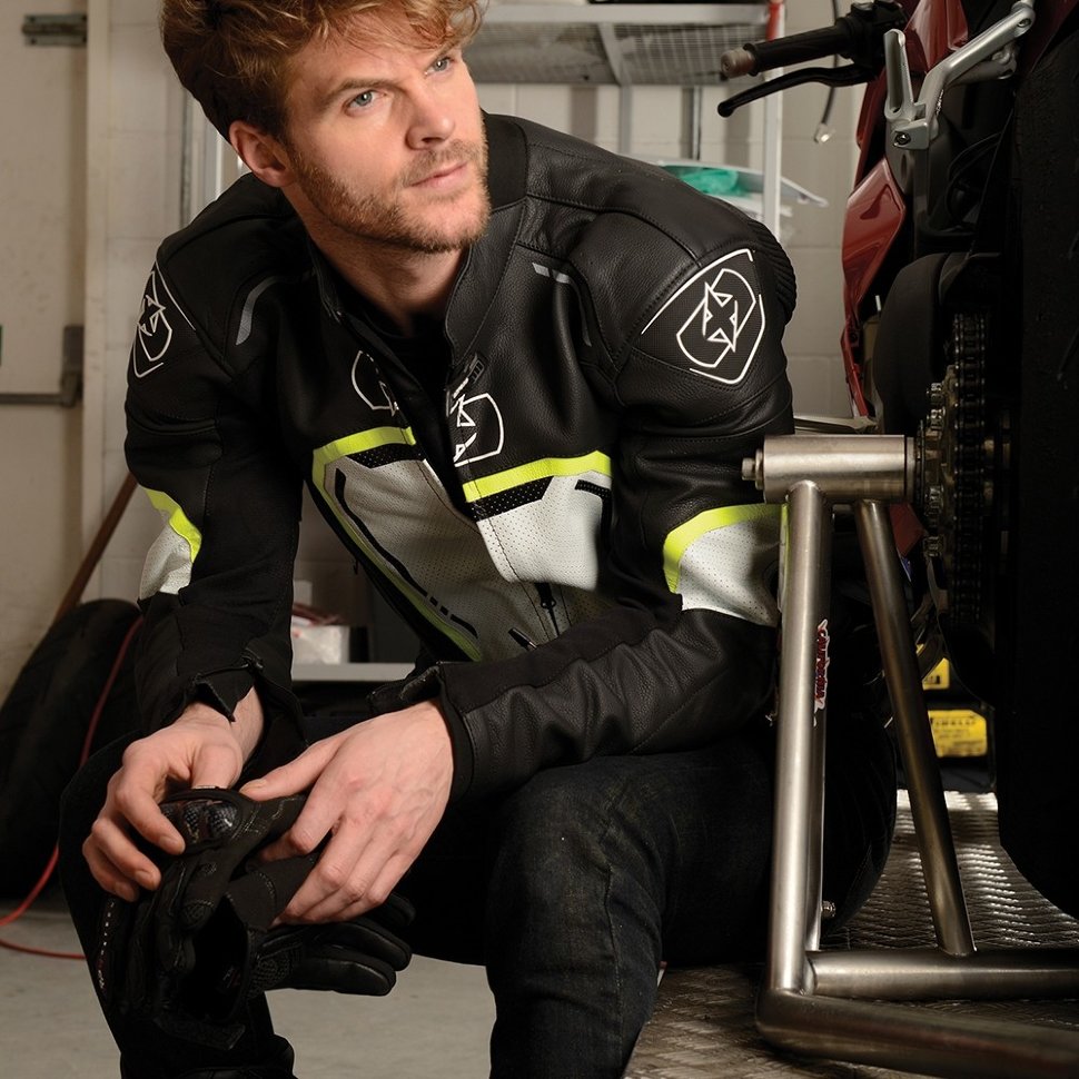 Мотокуртка мужская Oxford Strada MS Leather Sports Jacket Black/White/Fluo