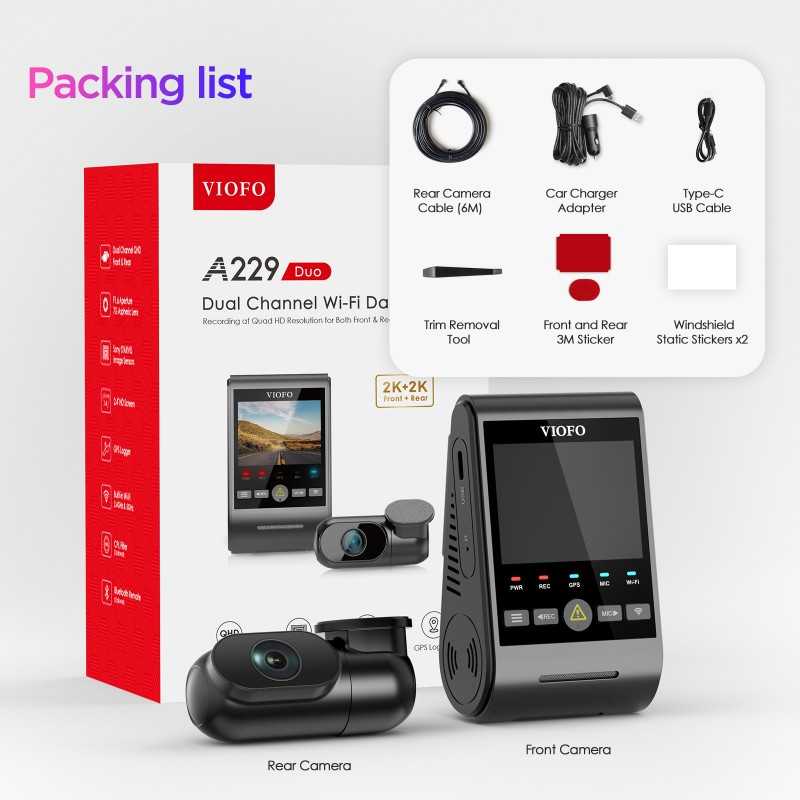 Видеорегистратор Viofo A229 Duo 2K + 2К c GPS и камерой заднего вида