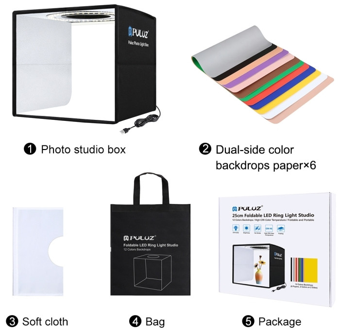 Фотобокс с подсветкой Puluz PU5025B 25x25x25 см.