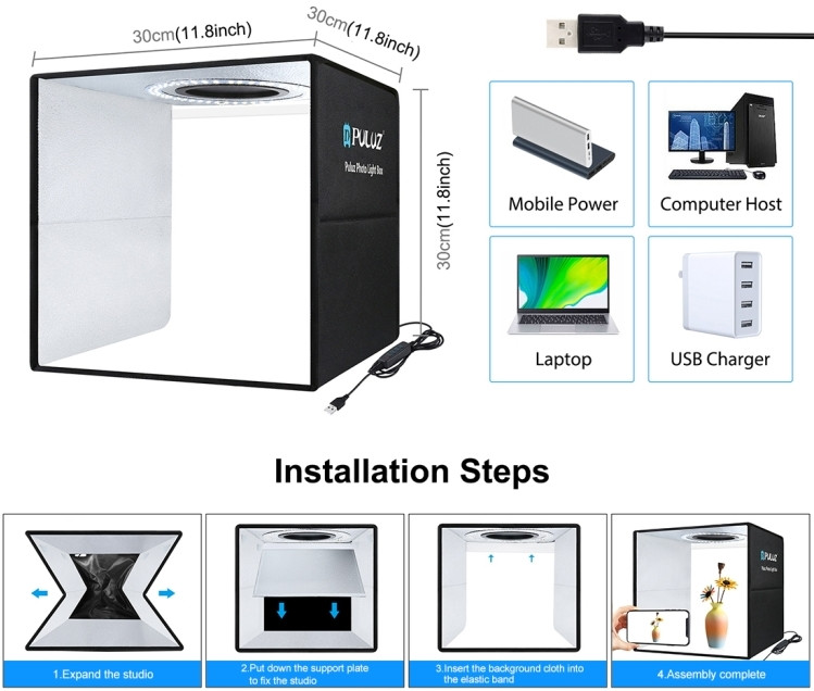 Фотобокс с подсветкой Puluz PU5032B 30x30x30 см.