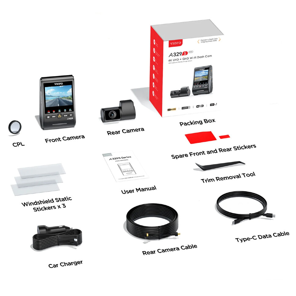 Видеорегистратор Viofo A329s 4K 60FPS + 2К c GPS и камерой заднего вида