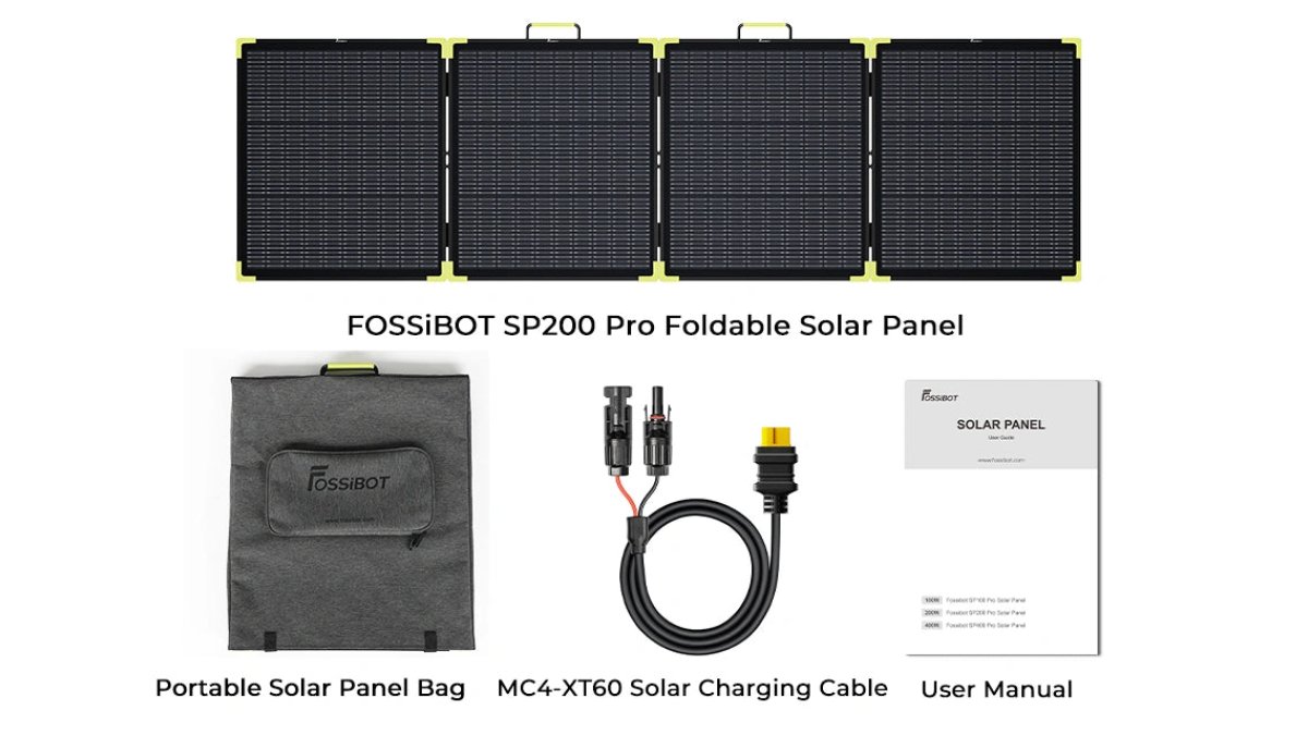 Комплектация Fossibot SP200 Pro: панель, сумка, кабель MC4–XT60, инструкция